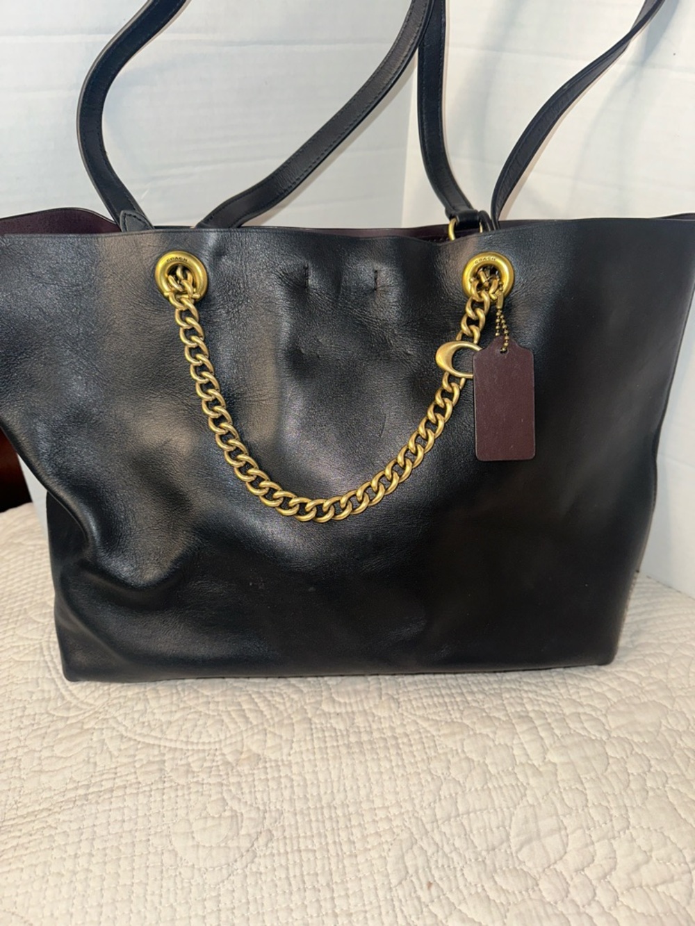 Coach Black Leather Tote with Gold Chain Detail